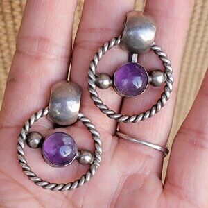 Absolutely stunning vintage heavy solid 925 sterling silver amethyst earrings